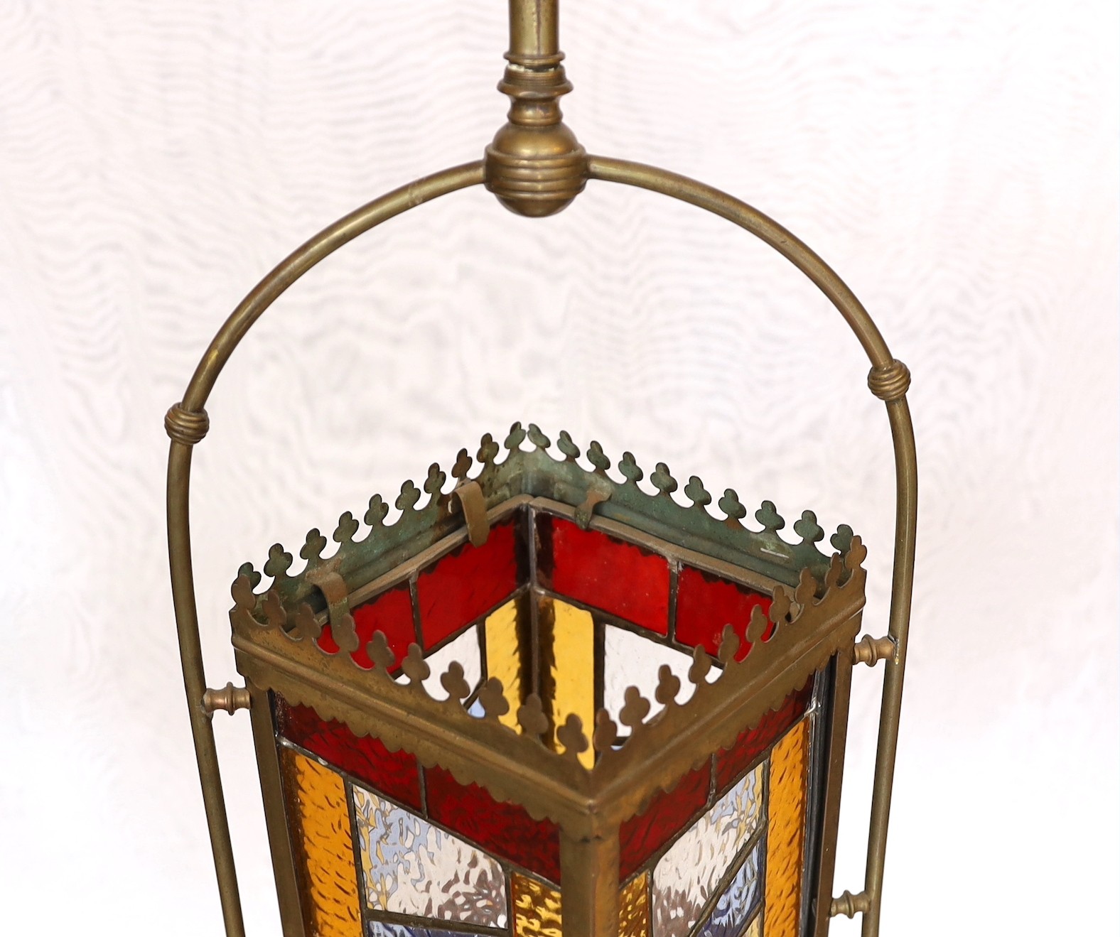 A Victorian brass and stained glass hall lantern, height 110cm. width 28cm